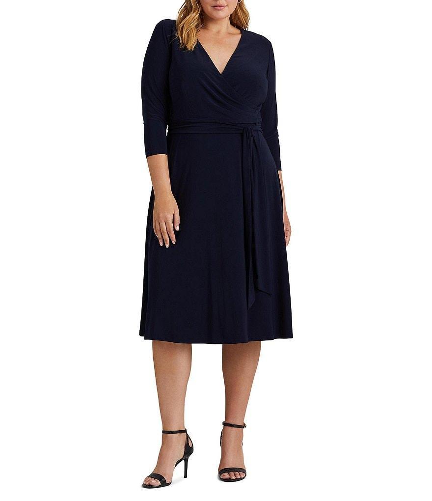 Lauren Ralph Lauren Plus Size 3/4 Sleeve Surplice V-Neck Tie Waist Jersey Dress Product Image