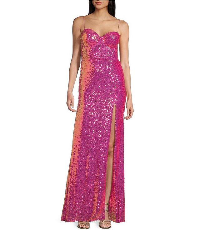 B. Darlin Sequin Mesh Sweetheart Neck Spaghetti Strap Slit Long Dress Product Image