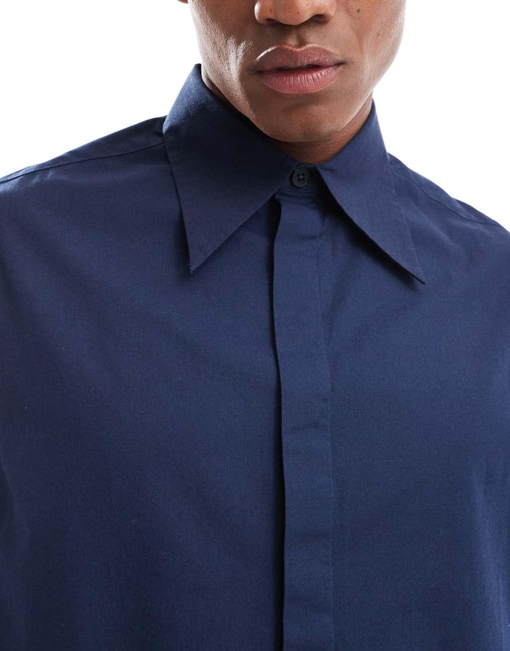 ASOS DESIGN boxy cropped 70s collar poplin shirt in navy Product Image