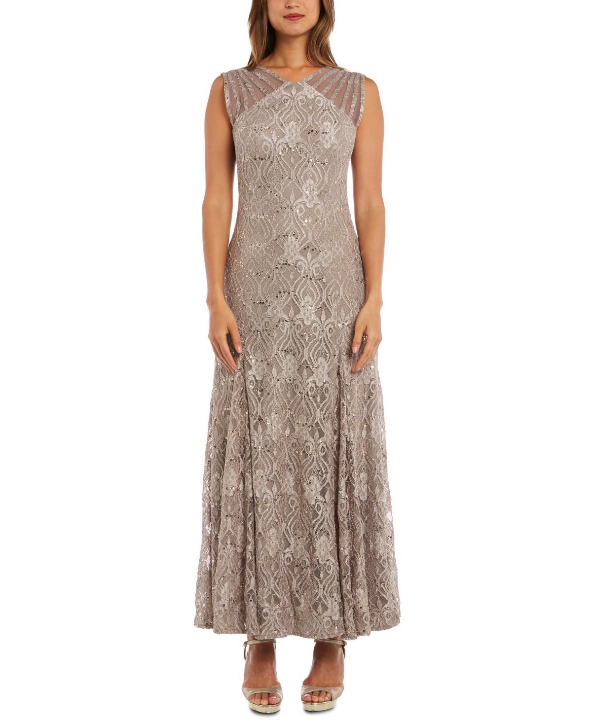 R  M Richards Illusion Shoulder High V-Neck Sleeveless Lace Sheath Gown Product Image