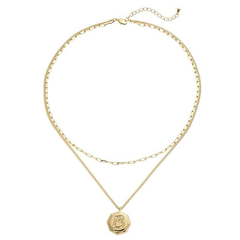 City Luxe Gold Tone Layered Initial Disc Necklace with Cubic Zirconia, Womens Gold Tone S Product Image