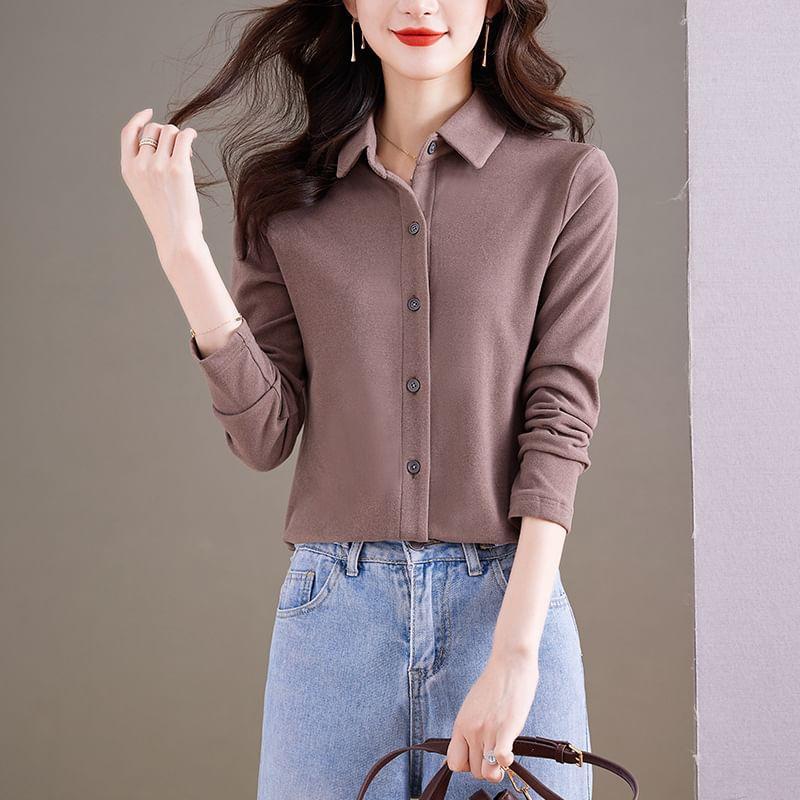 Long-Sleeve Velvet Plain Shirt Product Image