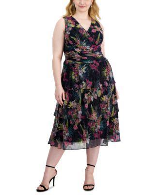 Plus Size Floral-Print Crinkled Midi Dress Product Image