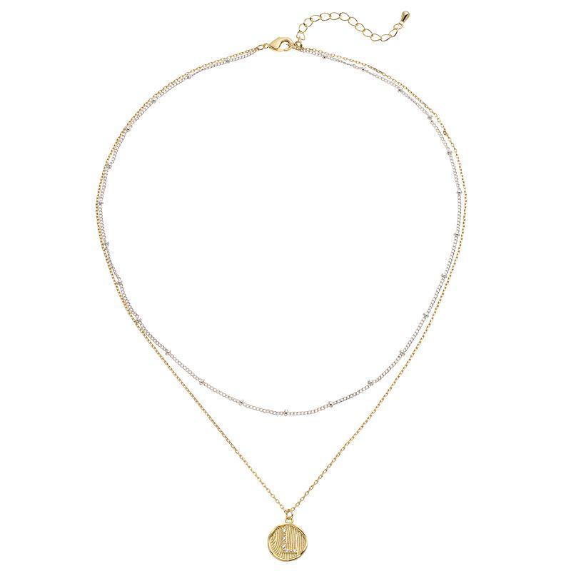 City Luxe Two Tone Layered Initial Disc Necklace with Cubic Zirconia, Womens Two Tone A Product Image