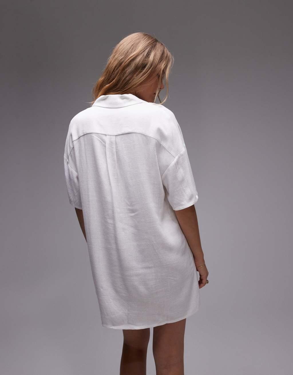 Topshop linen souvenir shirt dress in ivory Product Image