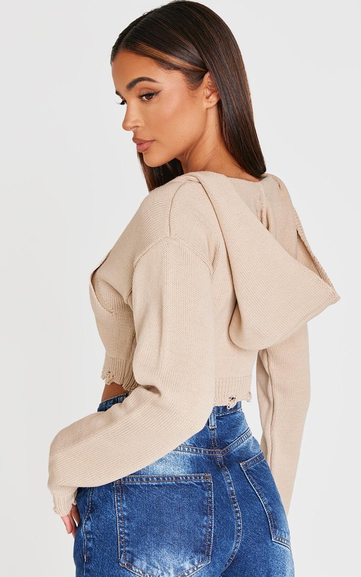 Mocha Knitted Zip Up Distressed Detail Cropped Sweater Product Image