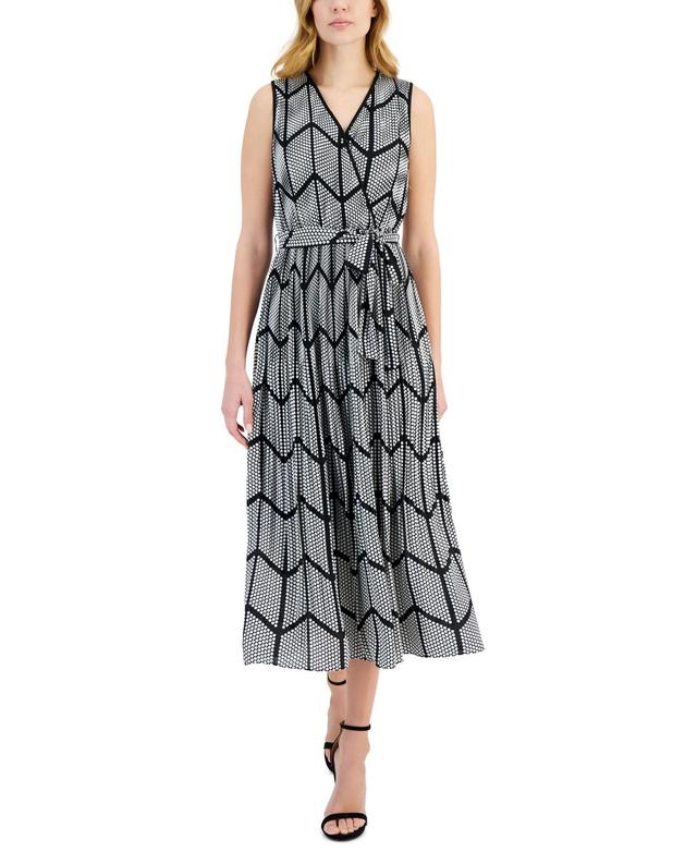 T Tahari Womens Printed Faux-Wrap Sleeveless Pleated Fit & Flare Midi Dress Product Image