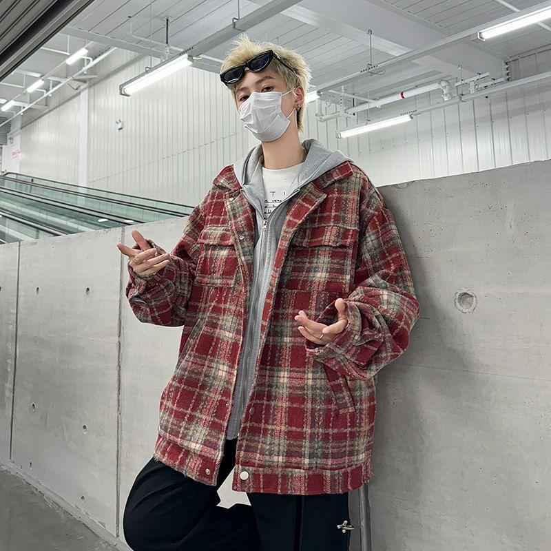 Hooded Mock Two Piece Plaid Oversized Shirt Jacket Product Image