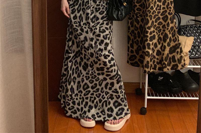 Drawstring Waist Leopard Print Maxi Mermaid Skirt Product Image