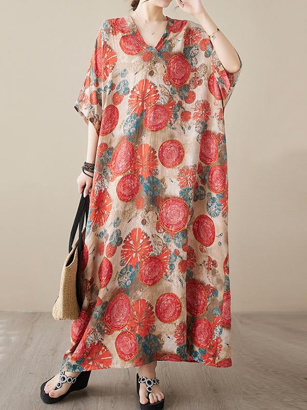 Loose Short Sleeves Printed V-Neck Maxi Dresses product image