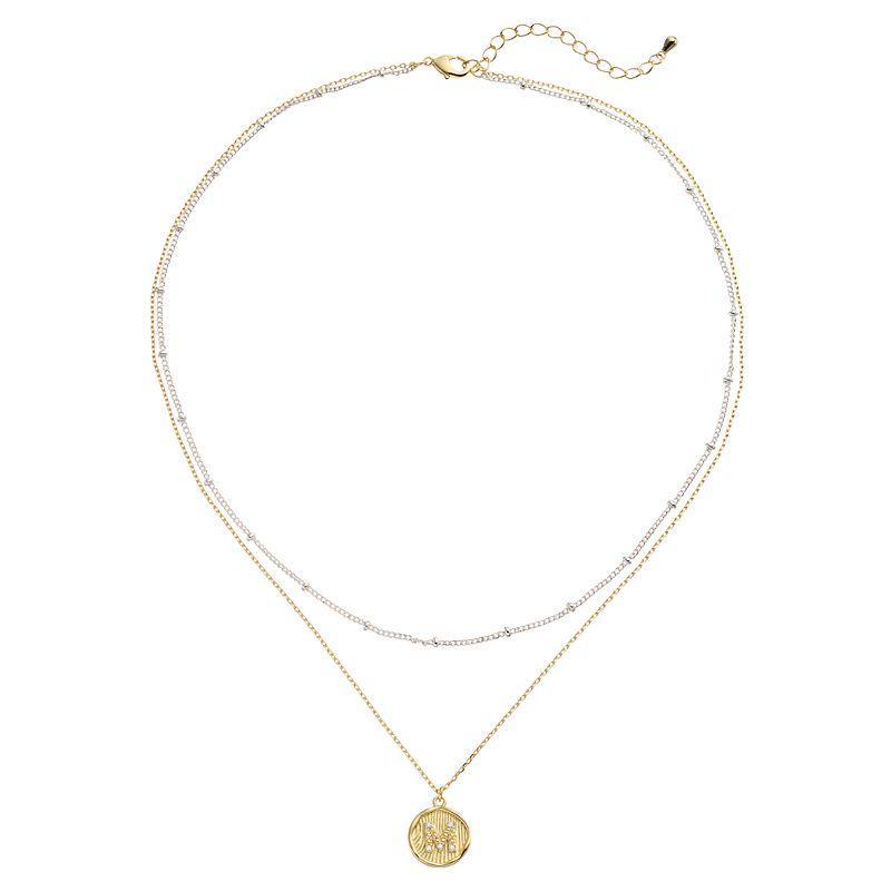 City Luxe Two Tone Layered Initial Disc Necklace with Cubic Zirconia, Womens Two Tone A Product Image