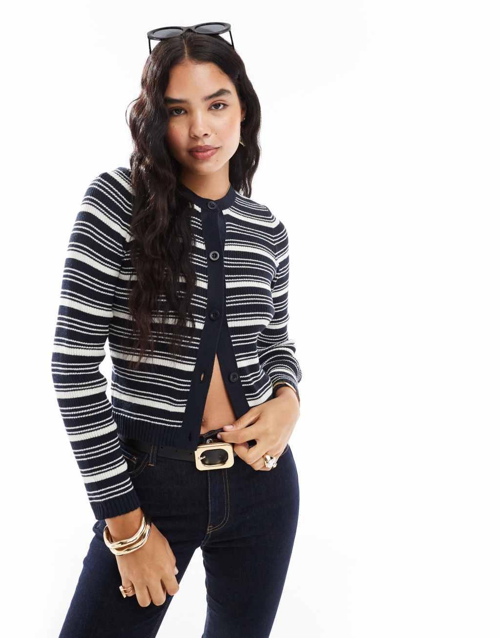 ASOS DESIGN button through half sleeve cardigan in navy stripe Product Image