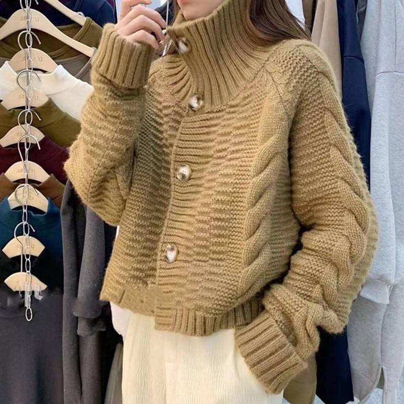 Plain Cropped Cable-Knit Cardigan Product Image