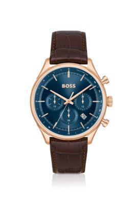 Hugo Boss Mens Gregor Quartz Chronograph Brown Mock Genuine-Grained Leather Strap Watch 45mm Product Image