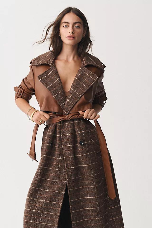 Avec Les Filles Plaid Faux-Leather Belted Trench Coat Product Image