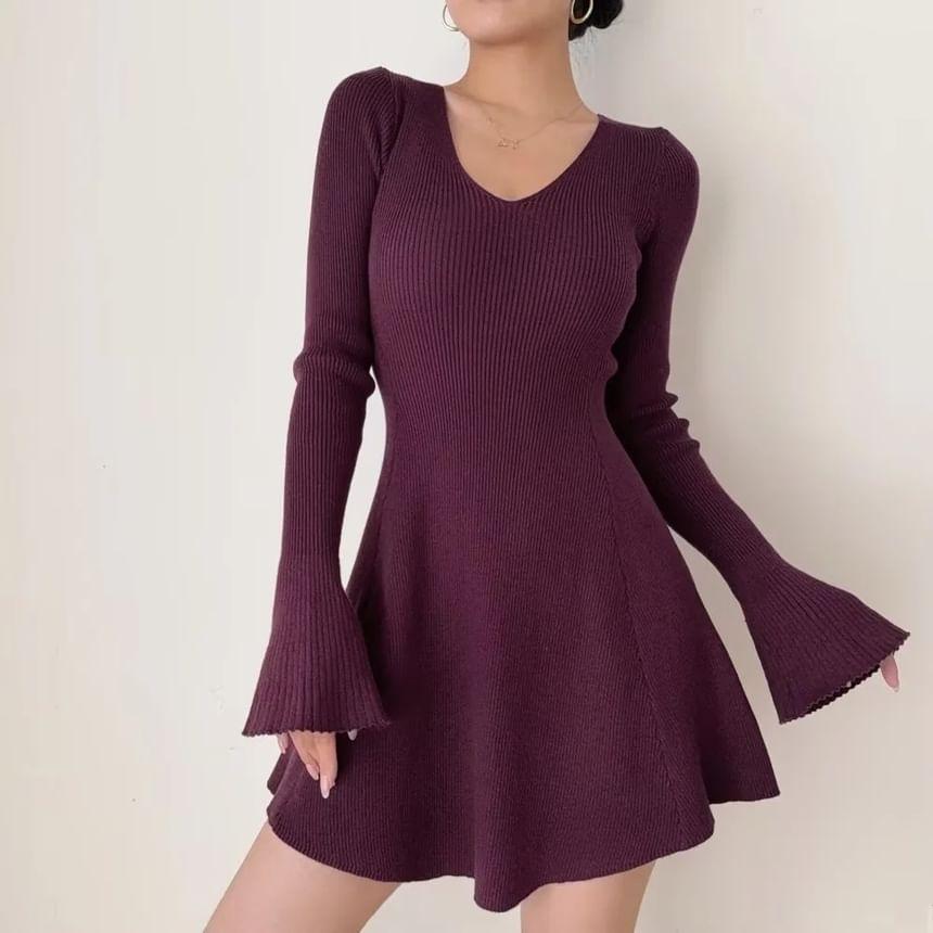 Flare-Sleeve V-Neck Plain Knit Mini A-Line Dress Product Image