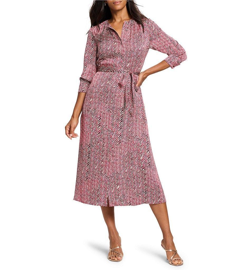 NIC + ZOE Loren Woven Pottery Crepe Herringbone Stamp Round Neck Long Sleeve Shirt Dress Product Image