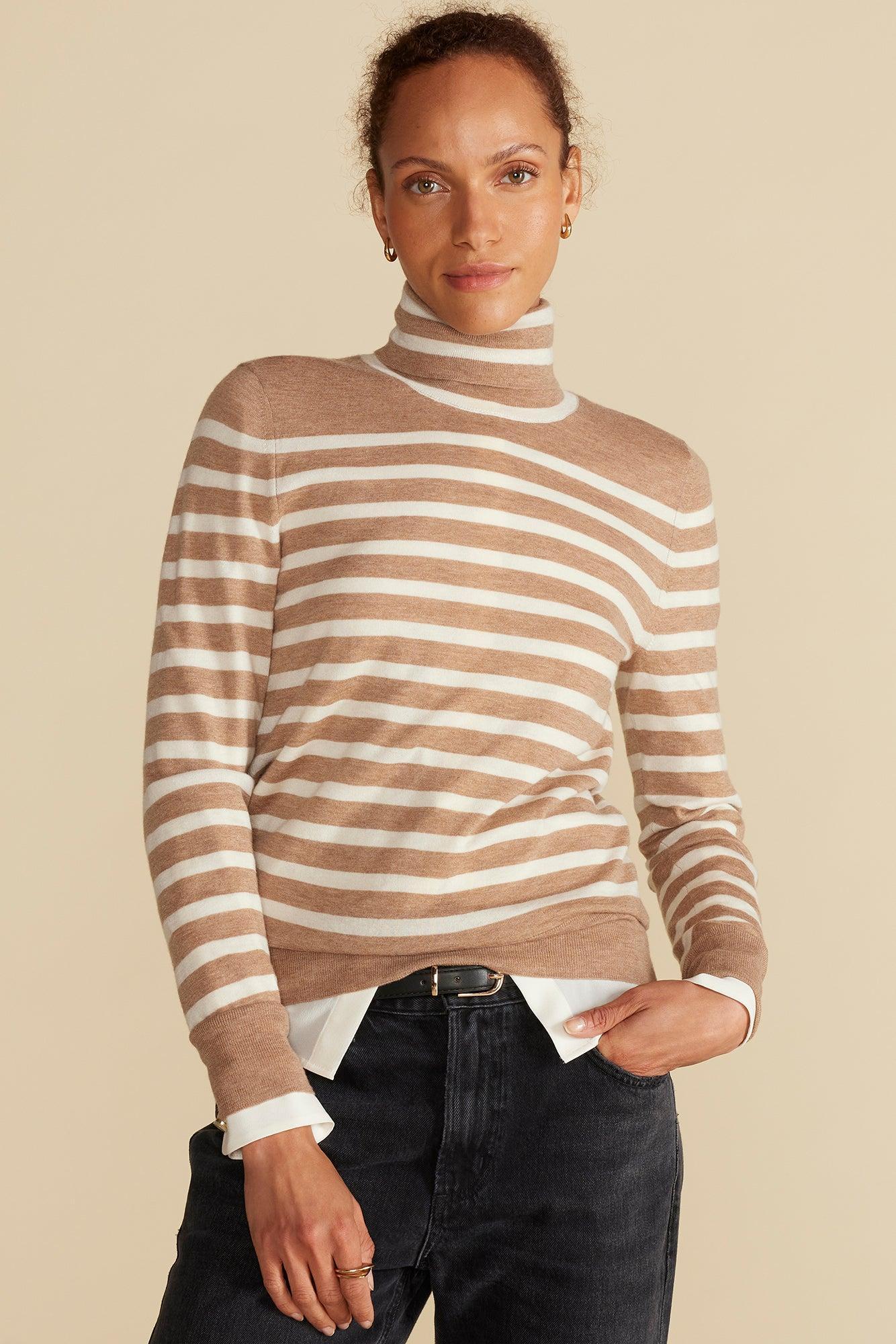 Carrie Turtleneck Cashmere Sweater - Camel and Ivory Stripe Product Image