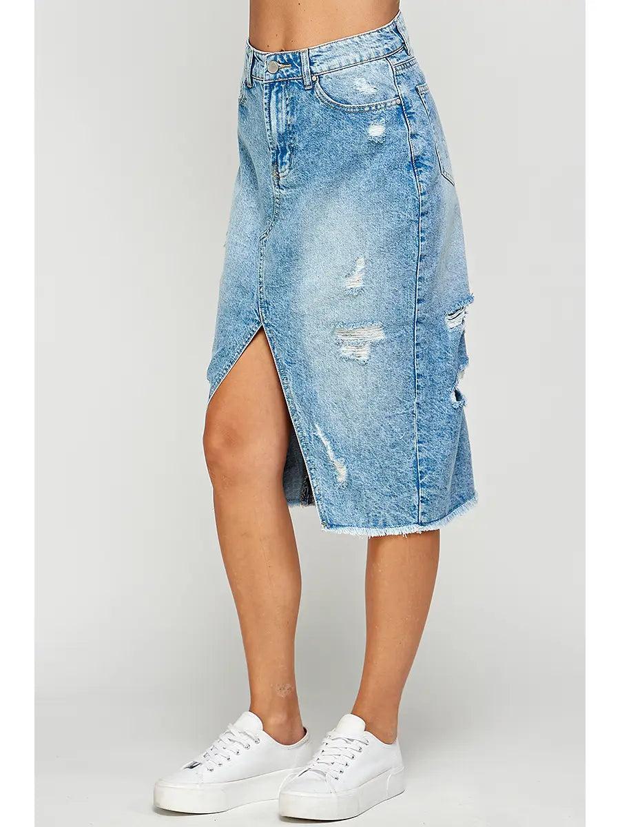 Distressed Long Denim Skirt Product Image