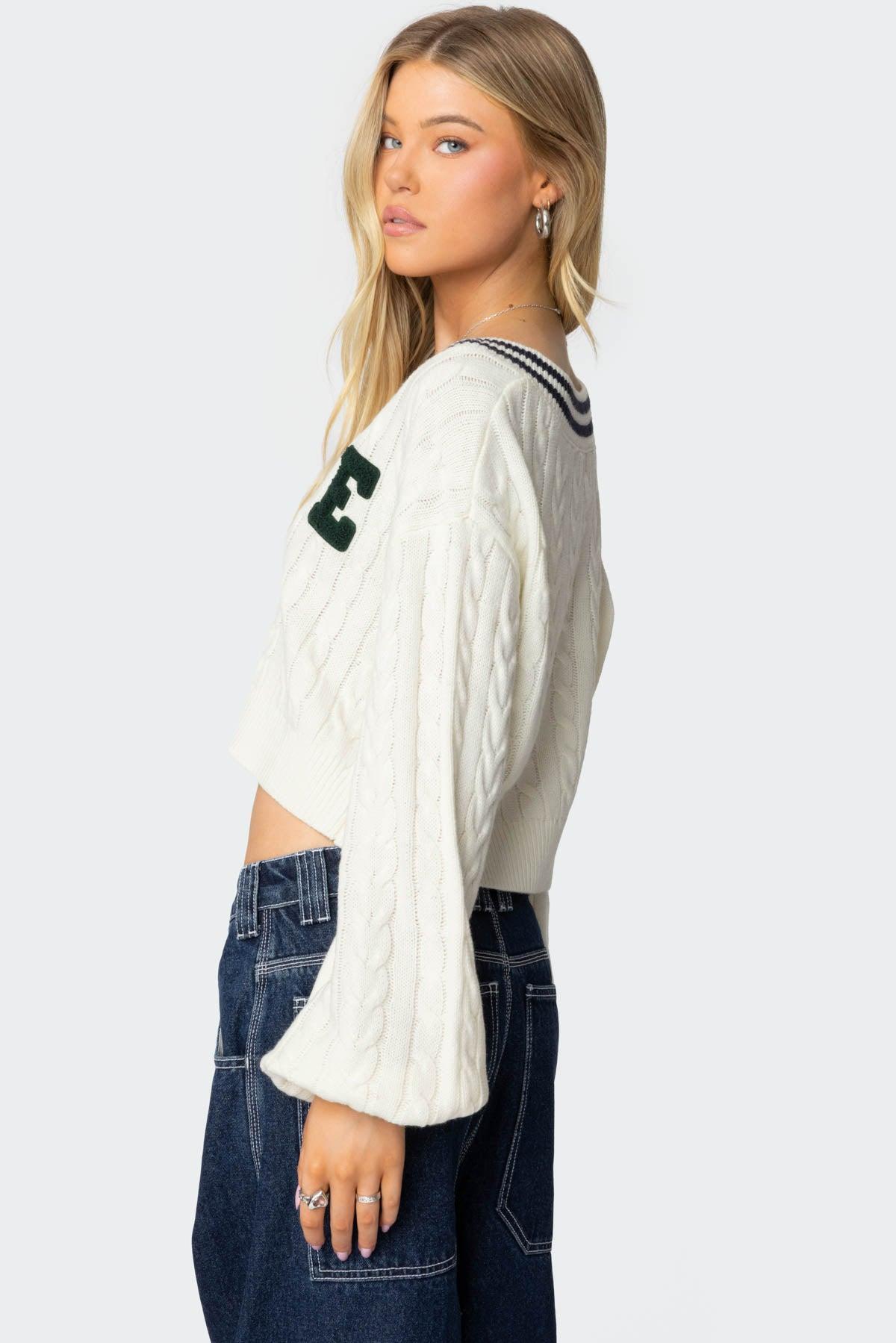 Collegiate Cropped Cable Knit Sweater Product Image