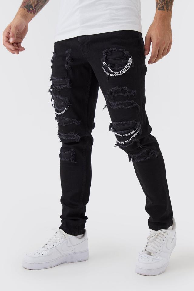 Skinny Stretch Ripped Chain Jeans | boohooMAN USA Product Image