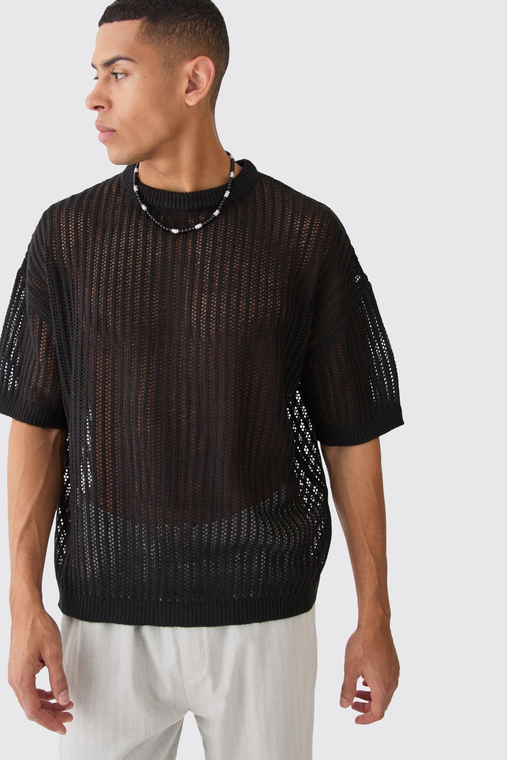 Mens Oversized Drop Shoulder Open Stitch T-shirt In Black, Black Product Image