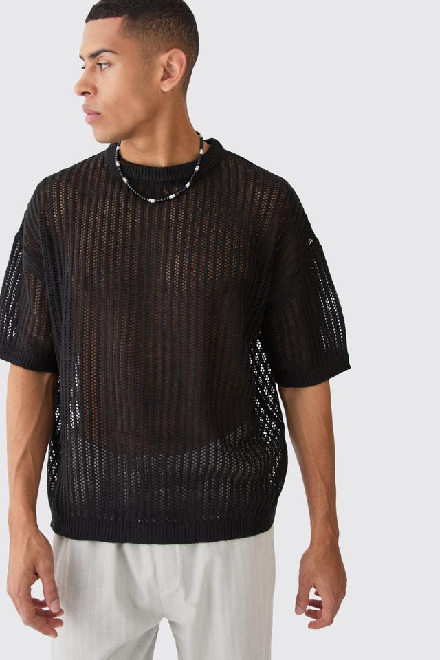 Mens Oversized Drop Shoulder Open Stitch T-shirt In Black, Black Product Image