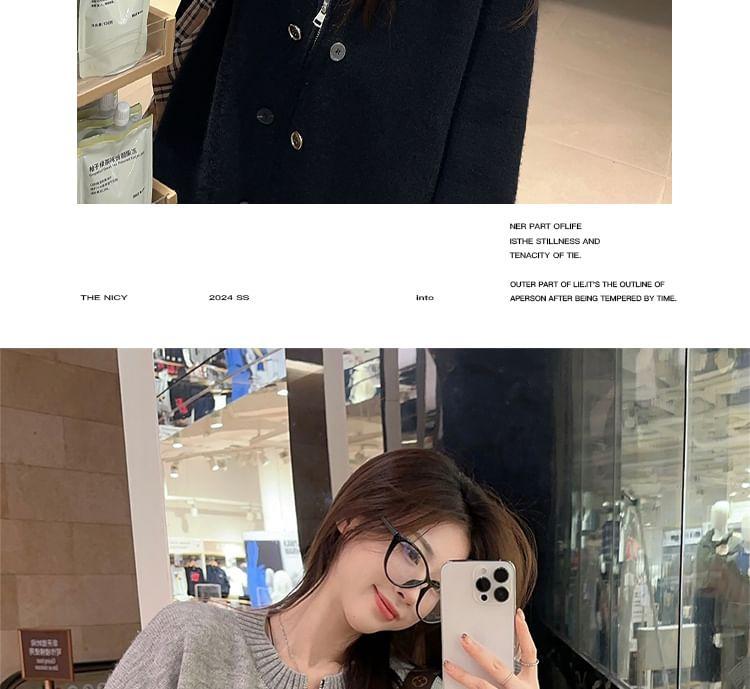 Round Neck Plain Double Breasted Zip Cardigan Product Image