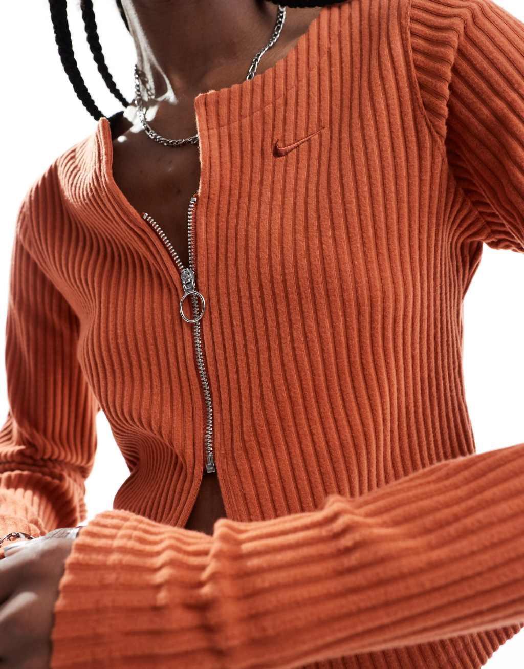 Nike Chill Knit ribbed cardigan in burnt orange Product Image