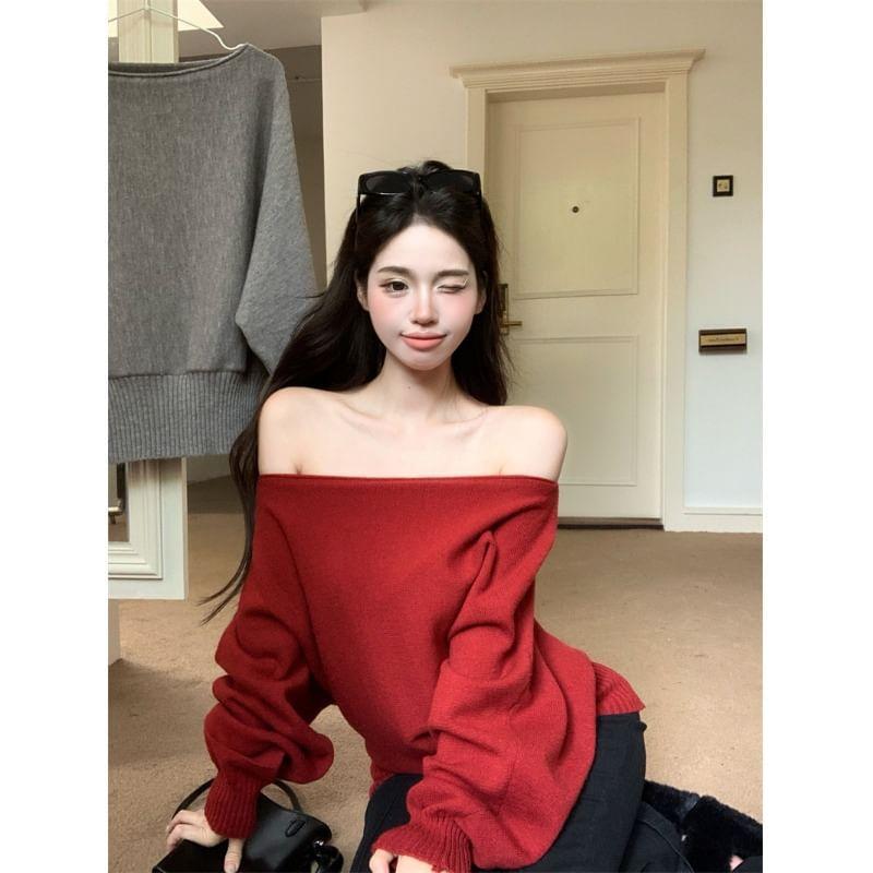 Puff-Sleeve One-Shoulder Plain Sweater Product Image