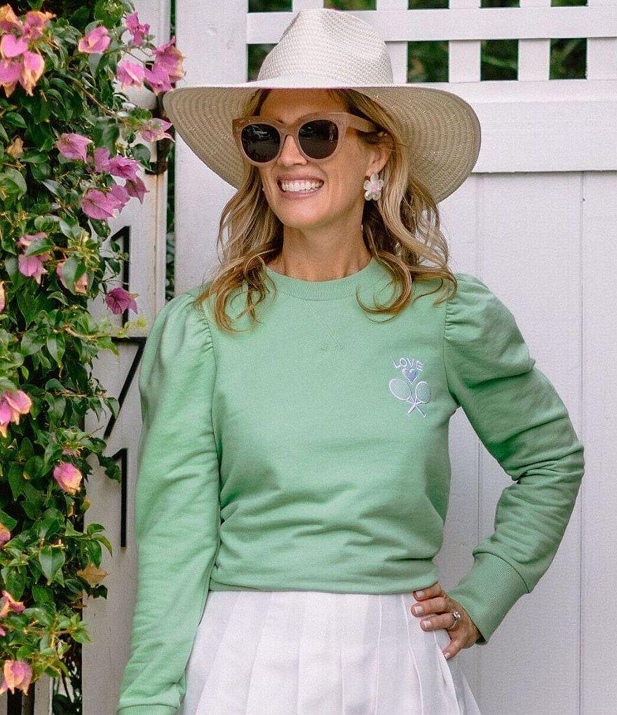 SAIL to SABLE x PALM BEACH LATELY Cotton Knit Tennis Embroidered Long Puff Sleeve Sweatshirt Product Image