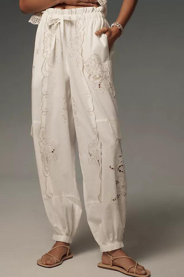 By Anthropologie Embroidered Linen Pull-On Joggers Product Image