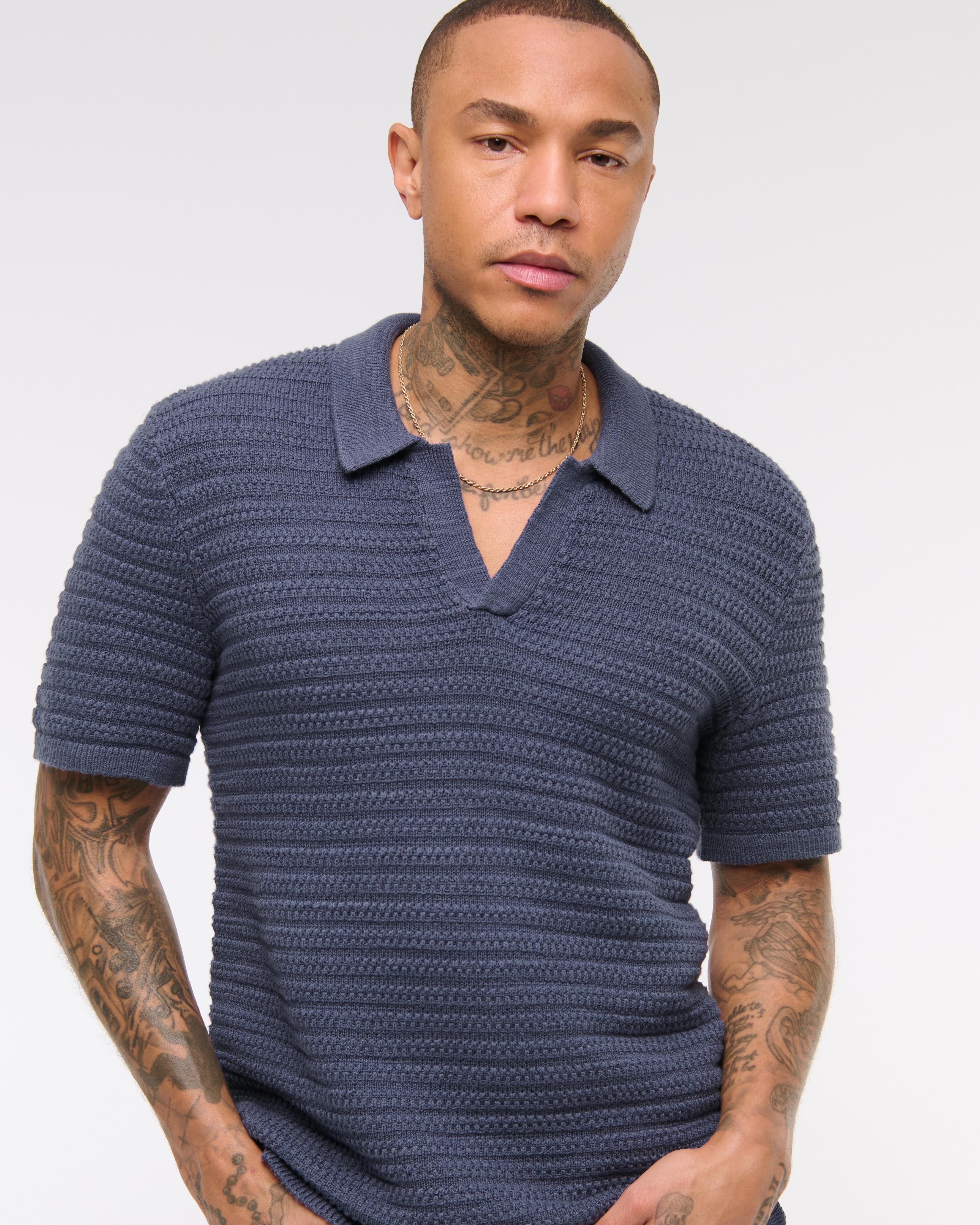 Textural Striped Johnny Collar Sweater Polo Product Image