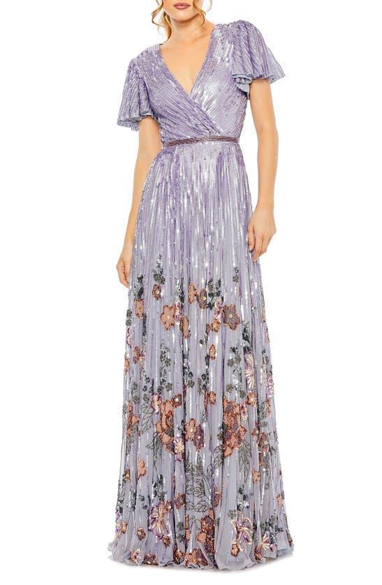 Sequin Floral Flutter Sleeve Gown In Lilac Product Image