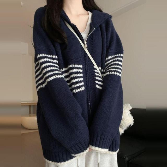 Striped Hooded Zip Cardigan Product Image