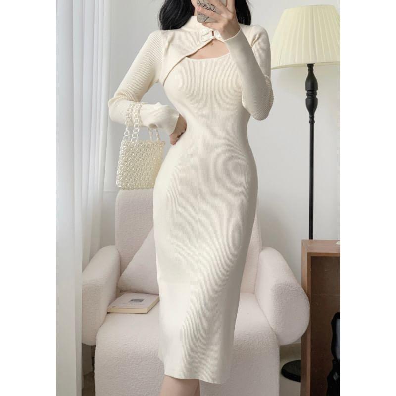 Long-Sleeve Mandarin Collar Plain Frog Button Cutout Midi Sheath Knit Dress Product Image