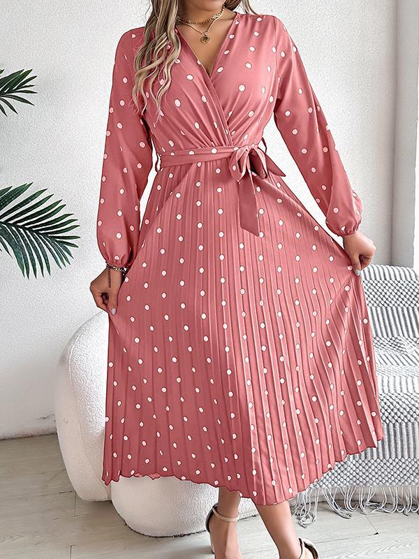 A-Line High Waisted Elasticity Pleated Polka-Dot Split-Joint Tied Waist V-Neck Midi Dresses Shirt Dress Product Image