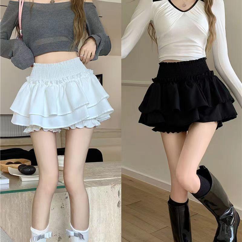 High Waist Plain Ruffled Mini A-Line Layered Skirt Product Image