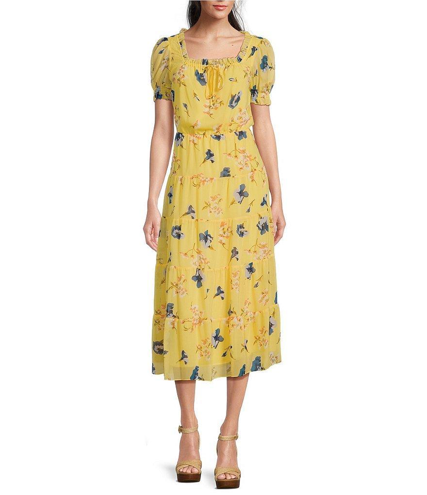 Lauren Ralph Lauren Floral Georgette Square Neck Short Puff Sleeve Tiered Midi Dress Product Image