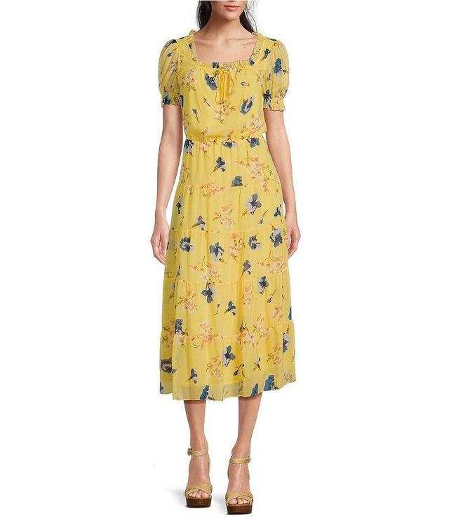 Lauren Ralph Lauren Floral Georgette Square Neck Short Puff Sleeve Tiered Midi Dress Product Image