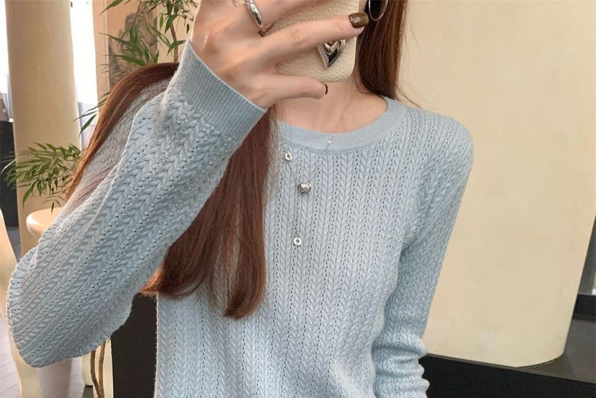 Long-Sleeve Crewneck Plain Knit Top Product Image