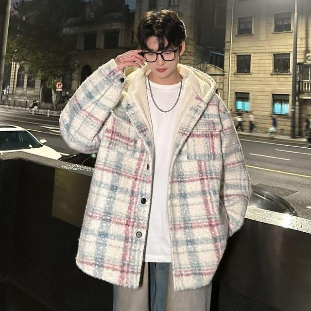 Hooded Drop Shoulder Plaid Button Down Oversized Coat Product Image