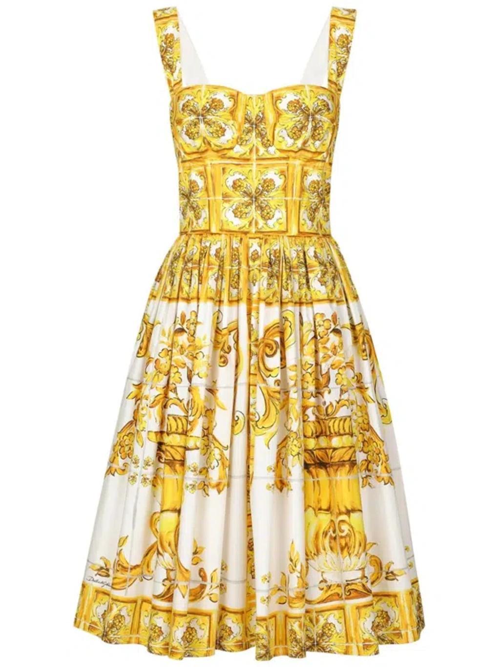 DOLCE & GABBANA Tile-print Pleated Poplin Bustier Dress In Yellow Product Image