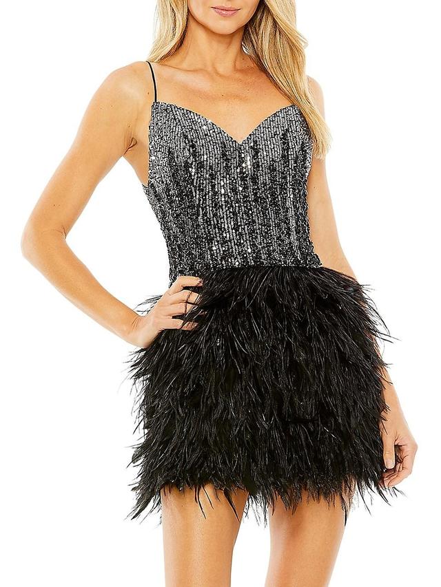 Mac Duggal Sequin Bodice Feather Trim Cocktail Minidress Product Image