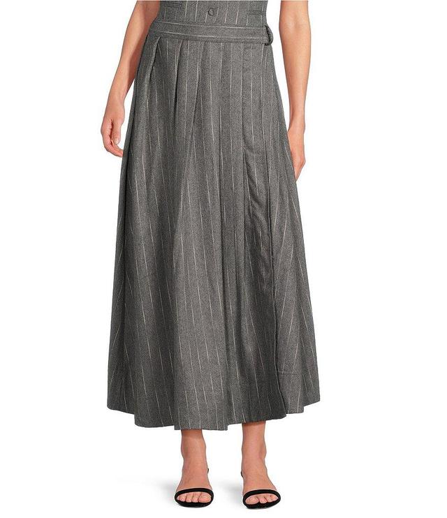 Le' AL.X Knit Wool Blend High Rise Slider Belt Waist Pleated A-Line Maxi Coordinating Skirt Product Image