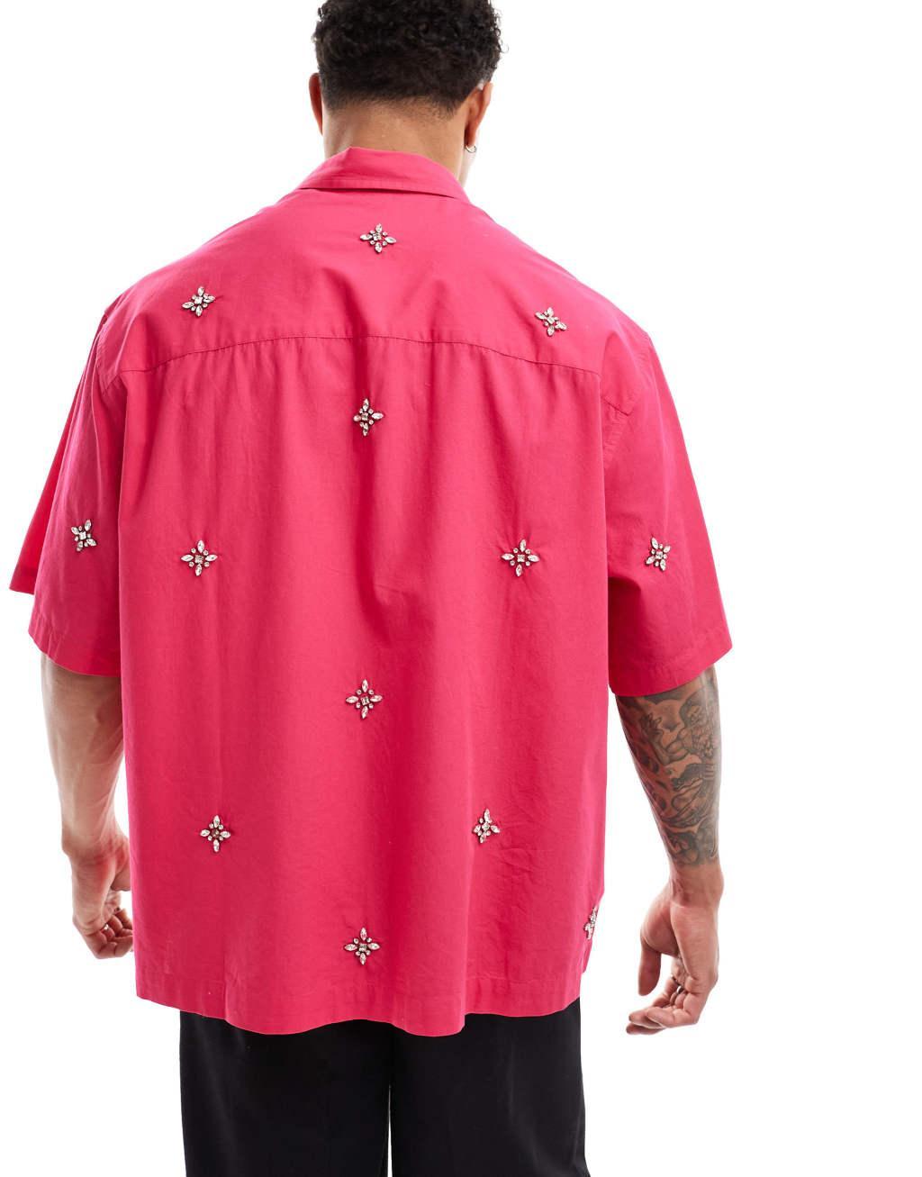 ASOS DESIGN oversized shirt with embellishment in pink Product Image