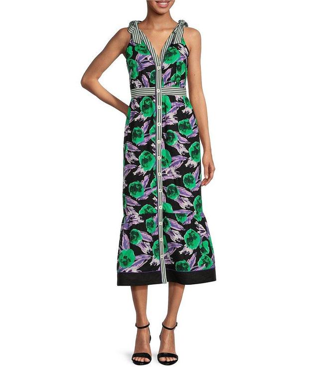 Adelyn Rae Floral Printed V Neckline Sleeveless Bow Shoulder Midi Dress Product Image