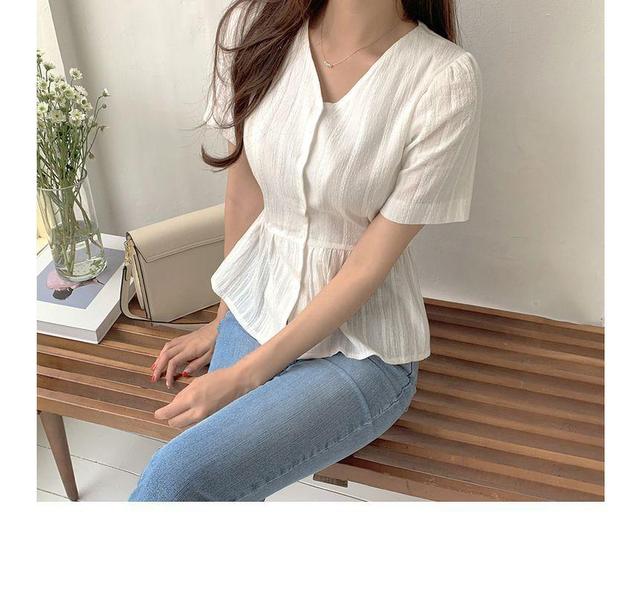 V-Neck Elbow-Sleeve Peplum Blouse Product Image