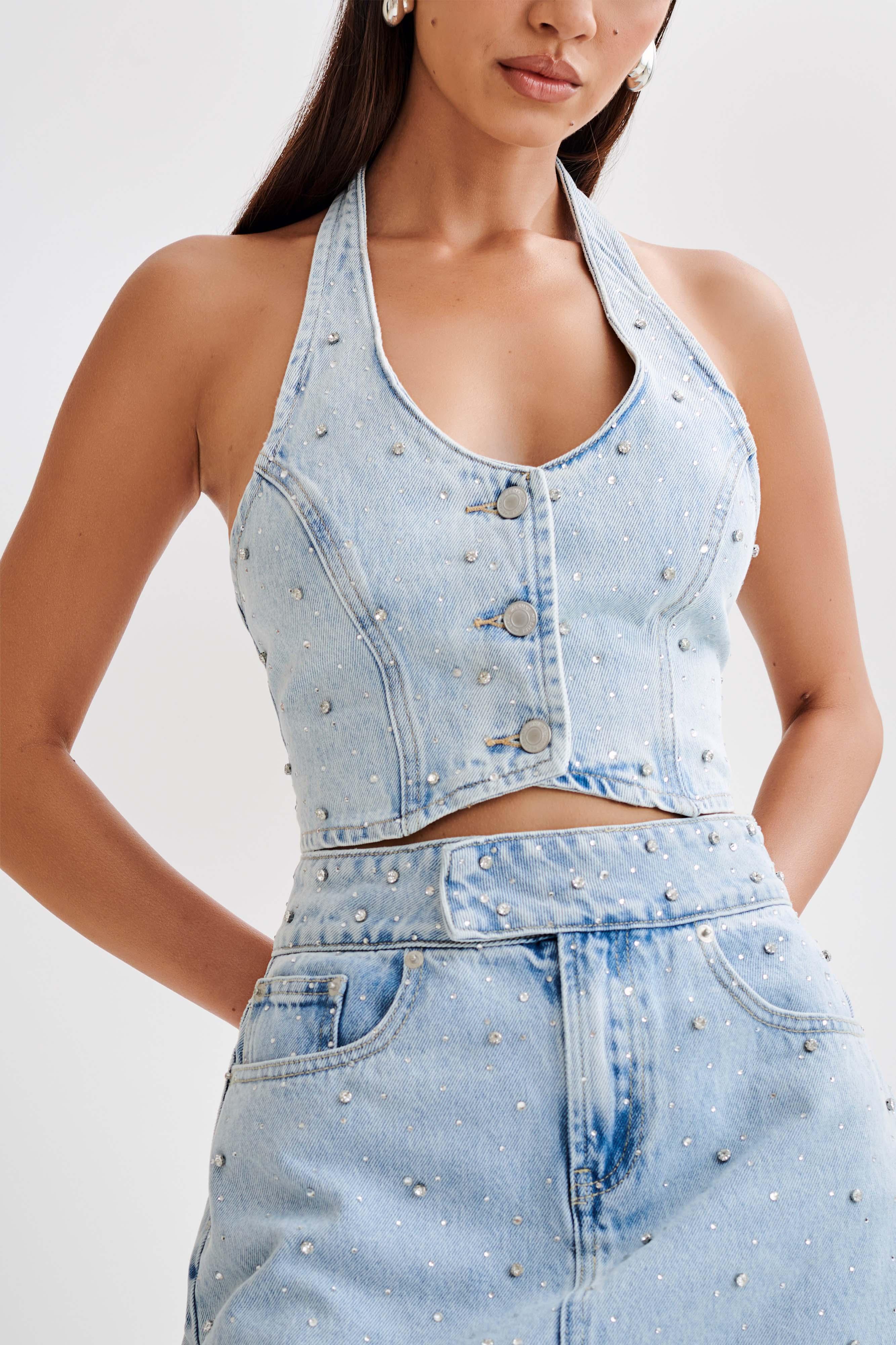 Kieryn Embellished Denim Vest - Light Blue Product Image