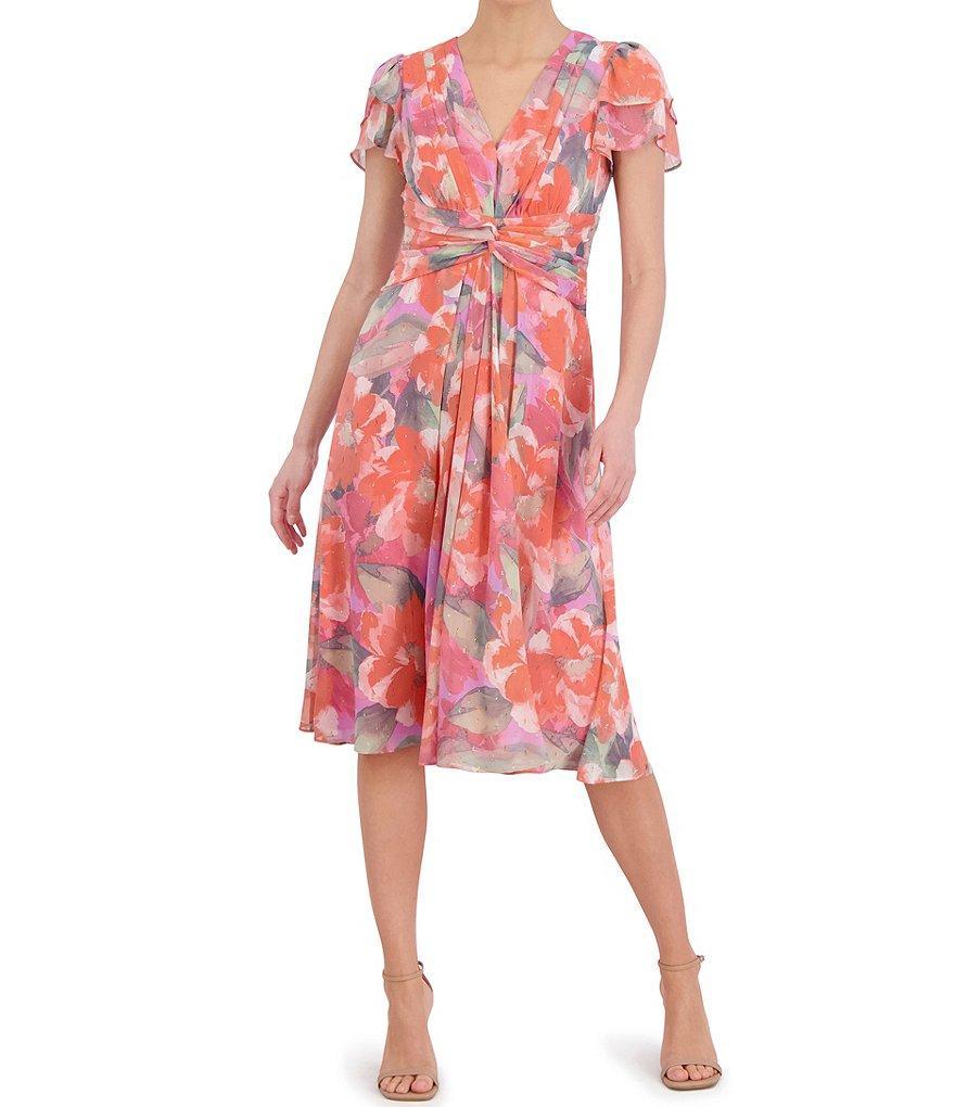 Jessica Howard Short Flutter Sleeve V-Neck Twist Waist Floral Midi Dress Product Image